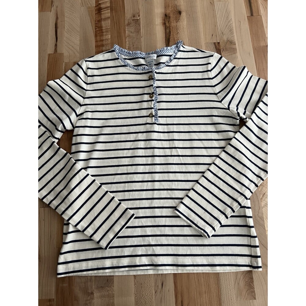 Crew Cuts Girl's Ruffle Long Sleeve Henley Tee 100% Cotton Ivory Navy Stripe  XL